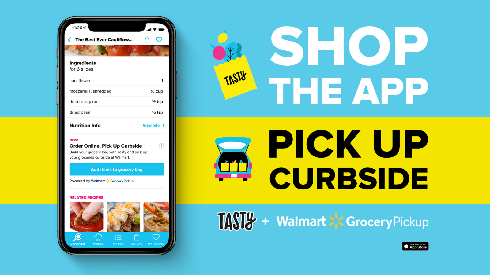 App screen showing a cauliflower recipe, Tasty &amp;amp; Walmart Grocery Pickup ad, &quot;Download the App, Pick Up Curbside&quot; text