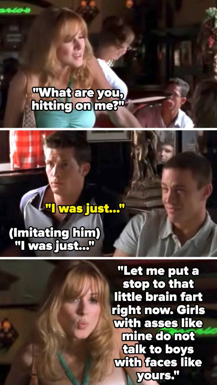 Two scenes from a film: Top - a woman talking to someone off-camera; Bottom - two men looking up, seemingly at the woman
