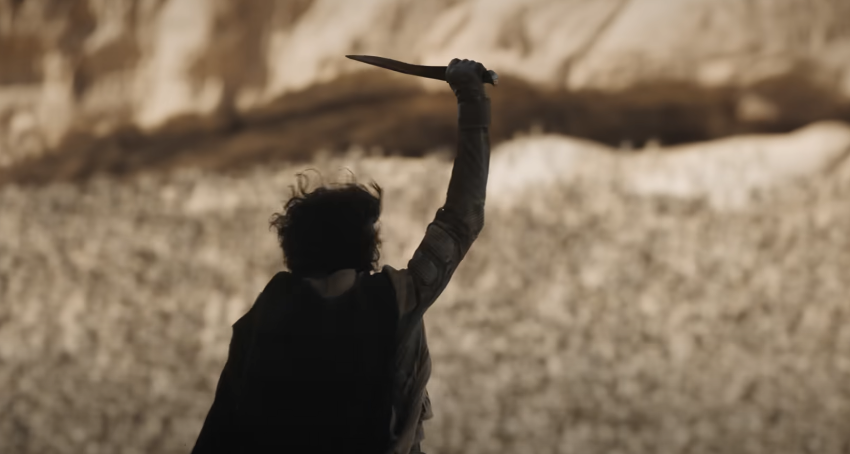 Persona levantando una espada hacia el cielo en un campo abierto