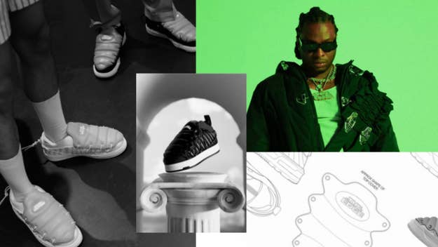 Person in green backdrop wearing layered outfit & sunglasses, flanked by shoe design sketches