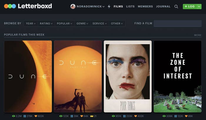 Website screenshot showing popular films this week: &quot;Dune,&quot; &quot;Poor Things,&quot; and &quot;The Zone of Interest&quot;