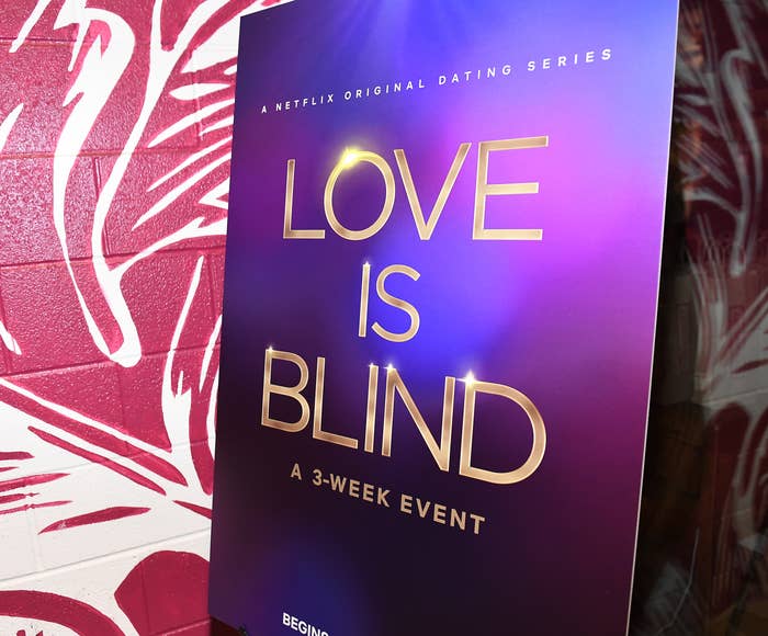 Promotional banner for &quot;Love Is Blind,&quot; a Netflix original dating series, announcing it as a 3-week event