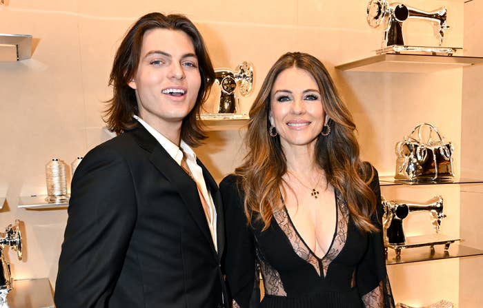 Elizabeth Hurley and son Damian Hurley smile for photos at an event