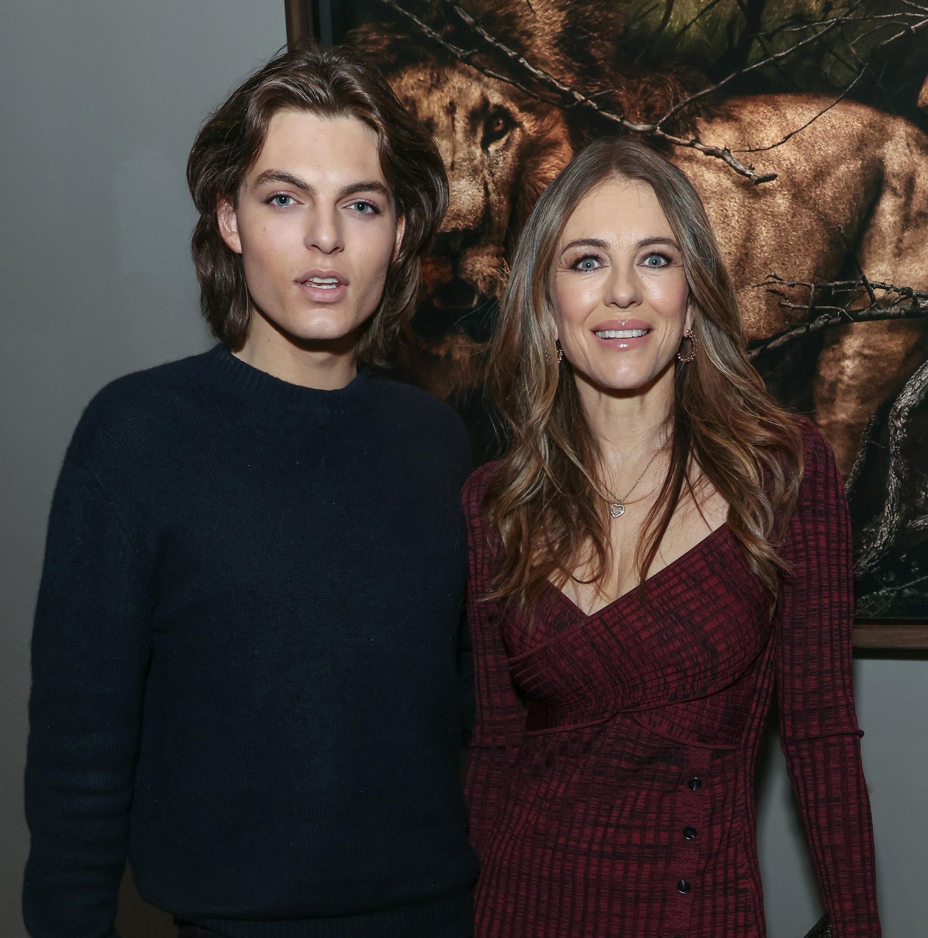 Elizabeth Hurley and Damian Hurley standing together, both wearing sweaters