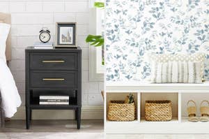 a nightstand and a wallpapered entryway