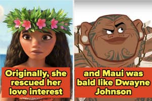 Moana with a floral headpiece and an early concept of Maui as bald, text about character design changes