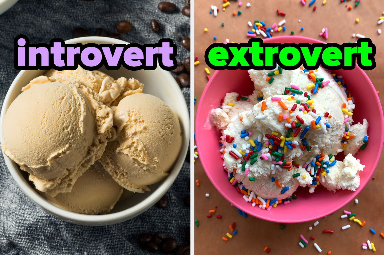 On the left, a bowl of coffee ice cream labeled introvert, and on the right, a bowl of ice cream topped with sprinkles labeled extrovert
