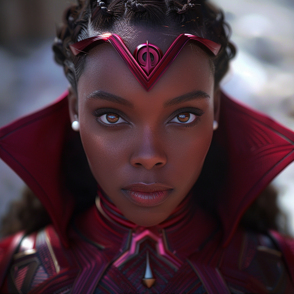 Black Scarlet Witch in her red and purple battle suit with high-tech headpiece