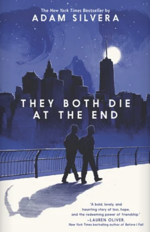 Book cover of &quot;They Both Die at the End&quot; by Adam Silvera featuring two silhouetted figures against a city backdrop
