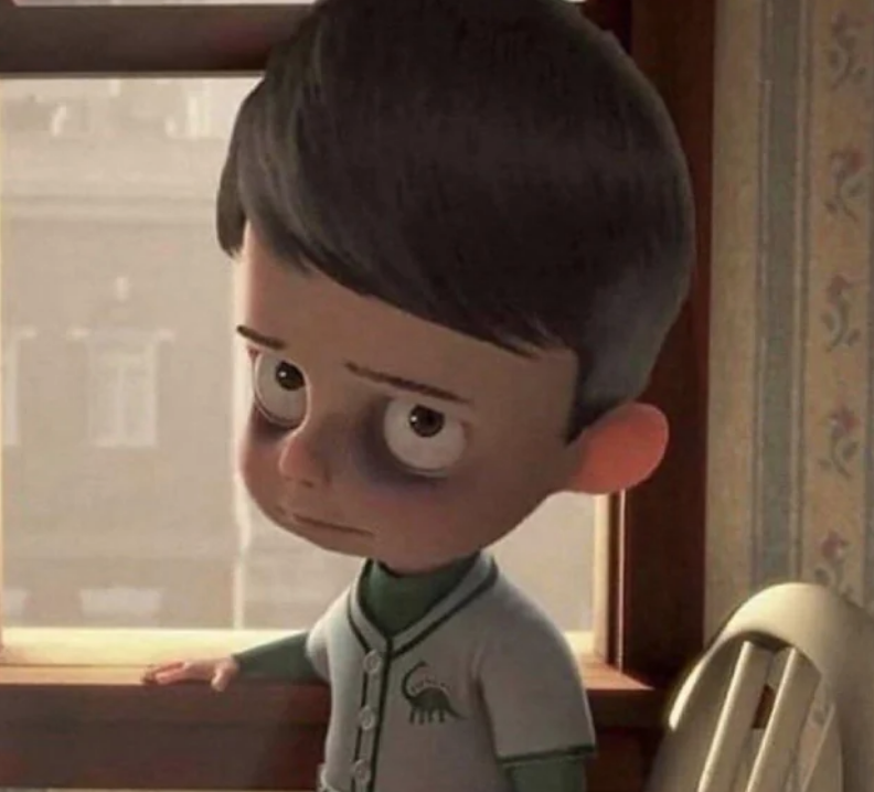 Animated character with a sad expression wearing a striped shirt