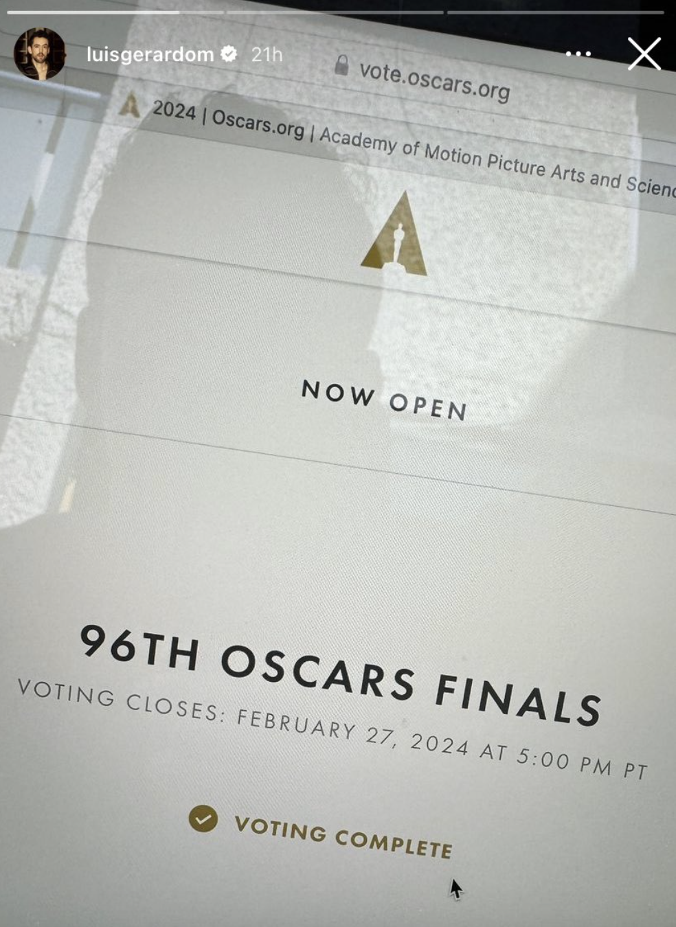 Screenshot of Oscar voting webpage announcing &#x27;96th Oscars Finals Voting Now Open, closes February 27, 2024 at 5 PM PT&#x27;