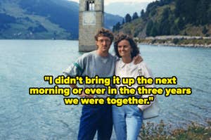 Couple embracing by a lake with a quote about not discussing a topic during their relationship
