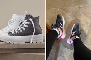 on left: white and black high-top Converse sneakers, on right: reviewer wearing black and pink New Balance sneakers