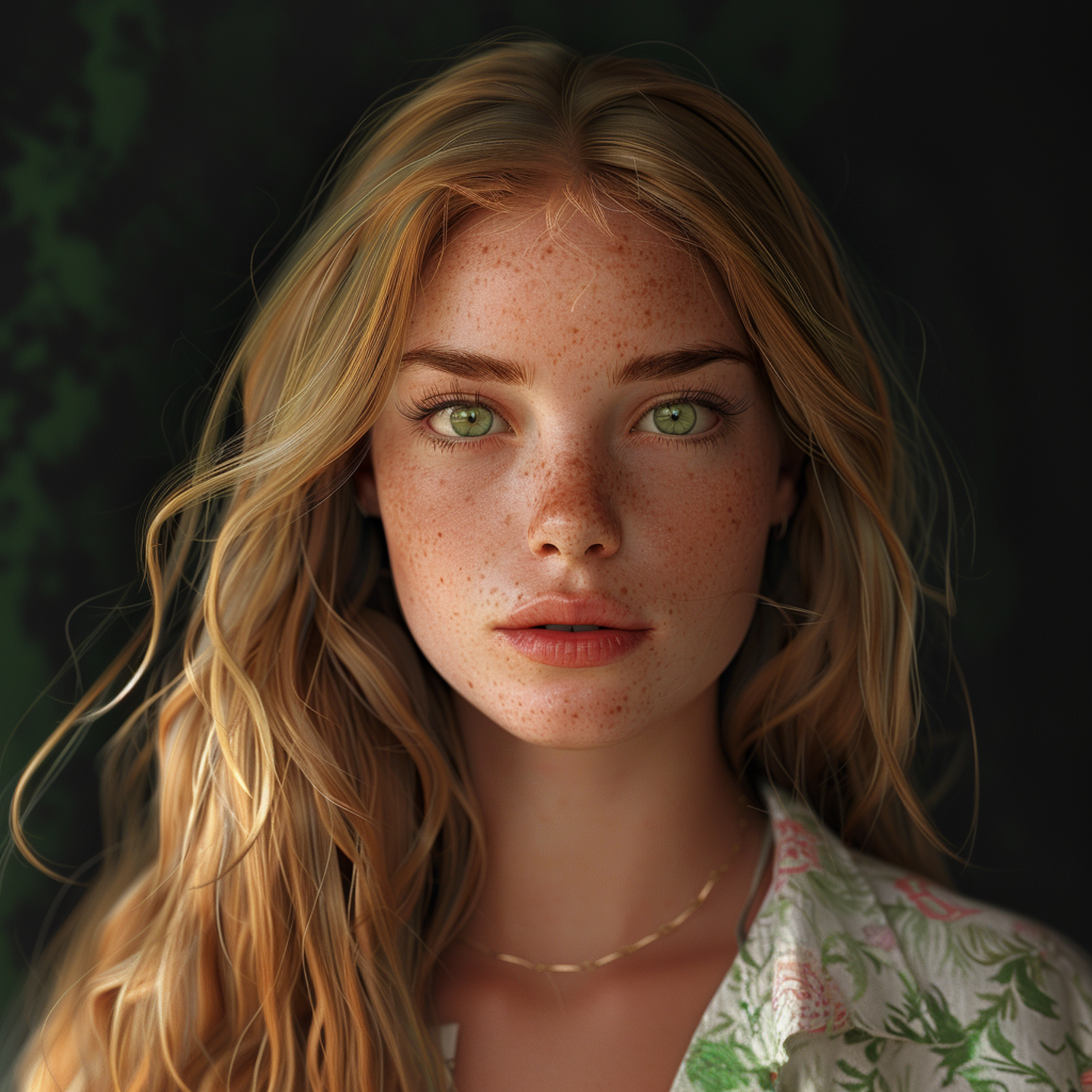 Portrait of a woman with freckles and wavy hair, wearing a floral top. Not a real person