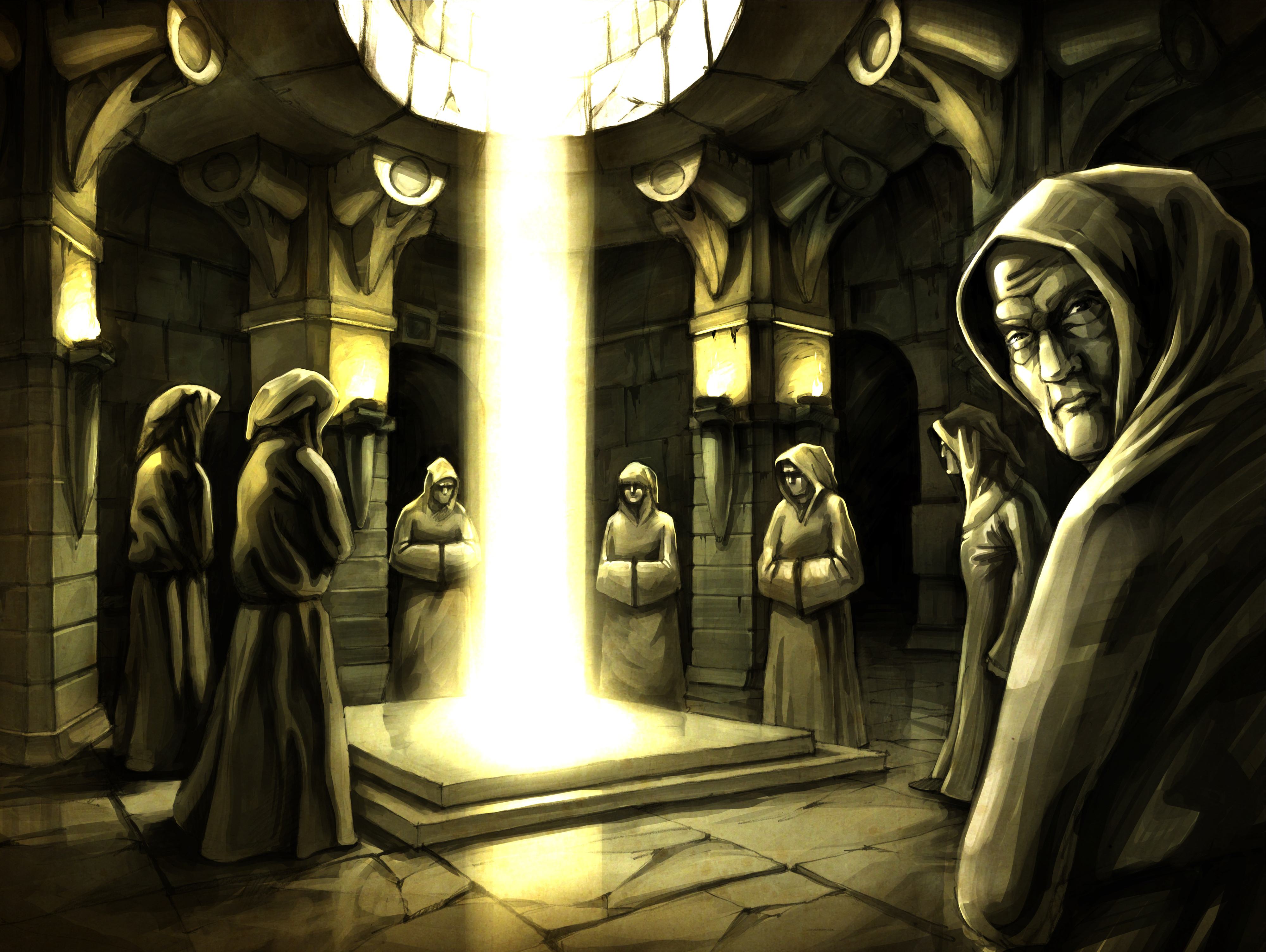 Illustration of animated characters resembling monks, gathered around a light beam in a dimly lit, arched room