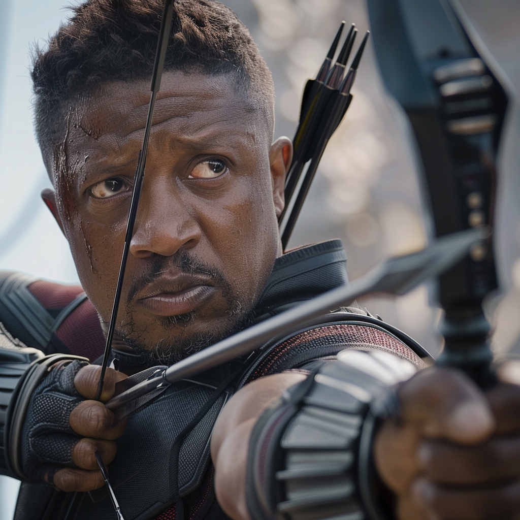 Black Hawkeye aiming with a bow and arrow, intense expression, quiver of arrows visible
