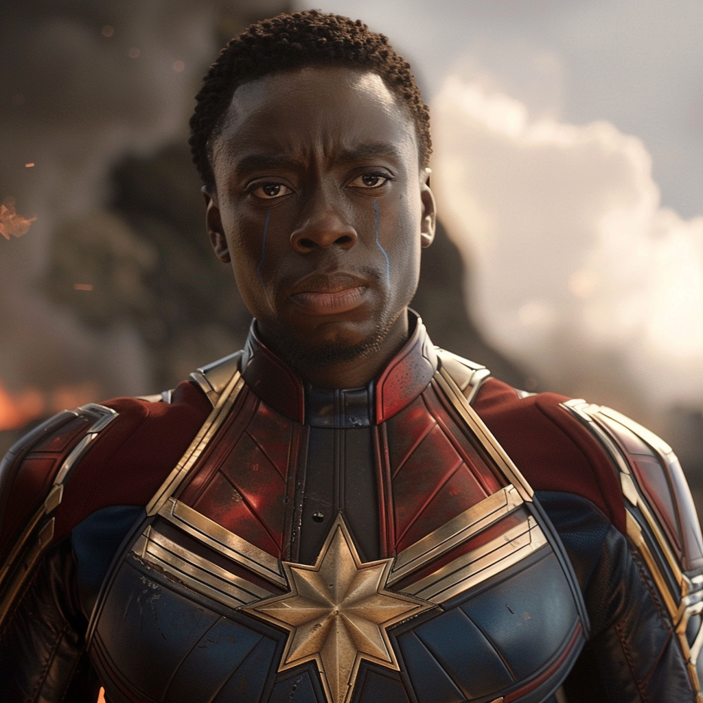 Black Captain Marvel in his suit with focused expression