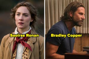 Saoirse Ronan en vestuario de época y Bradley Cooper en camiseta, ambos en escenas de películas distintas
