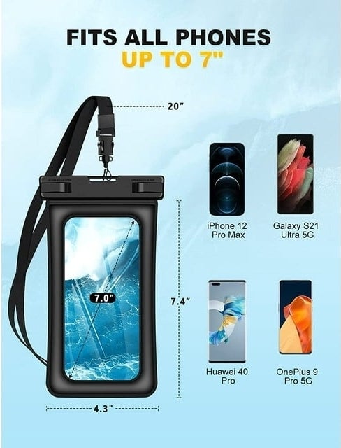 Waterproof phone pouch advertisement showing compatibility with various phone models up to 7 inches