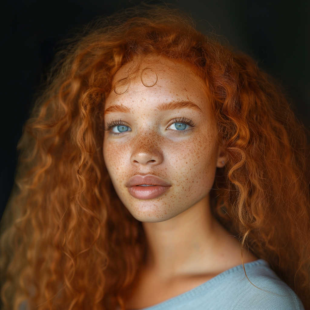Close-up of a person with curly hair and freckles looking at the camera