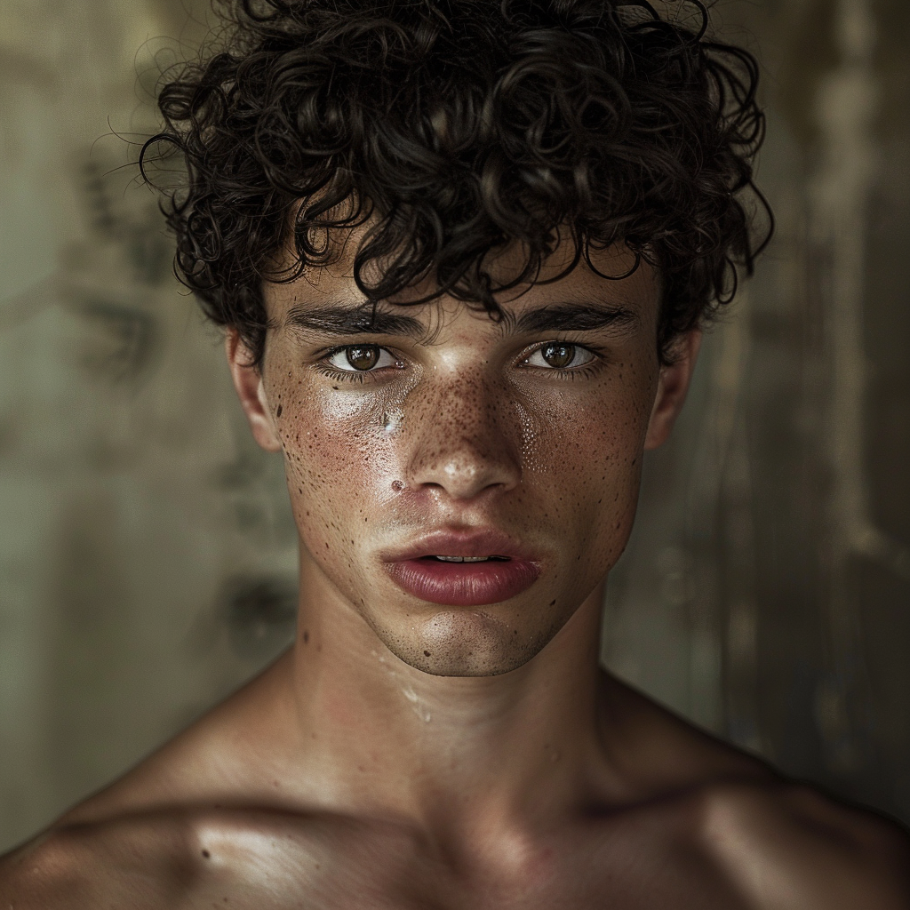 Close-up of a person with curly hair and freckles looking directly at the camera