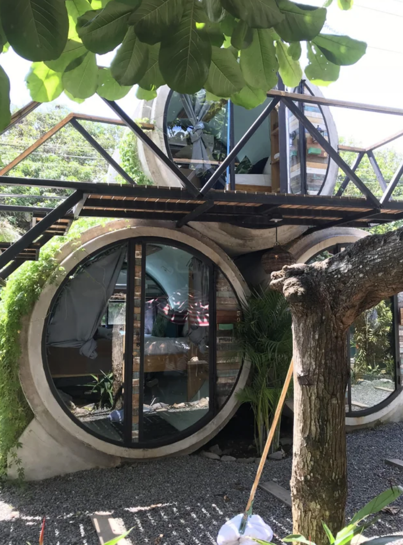 Circular pod-like structure with glass front built into a treehouse setting, surrounded by foliage