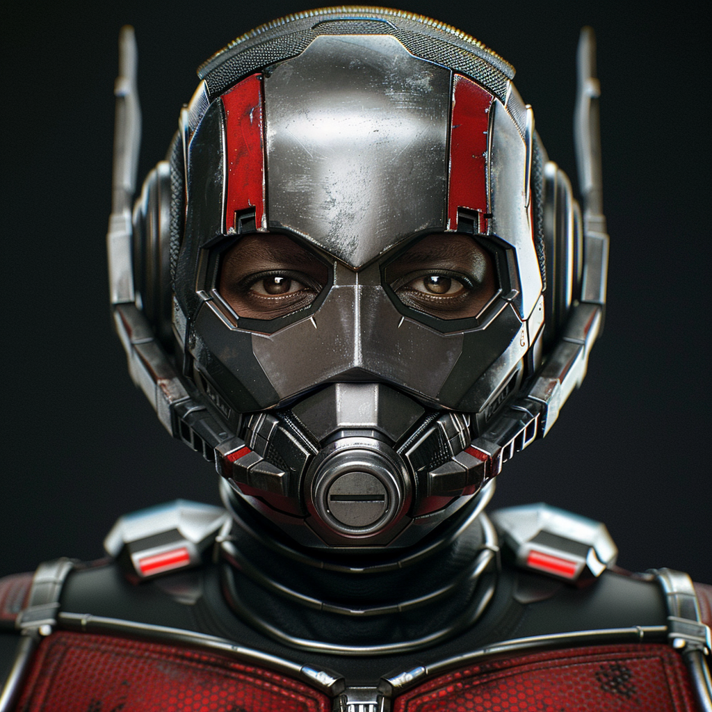 Close-up of Black Ant-Man in helmet with detailed suit texture, looking straight ahead