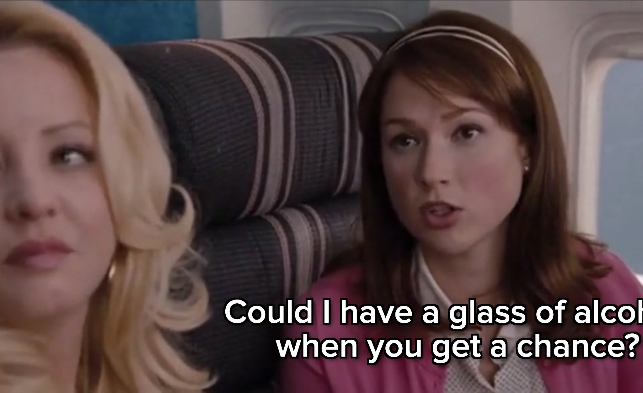 Annie from Bridesmaids inquires about a drink on a plane; meme from a film scene