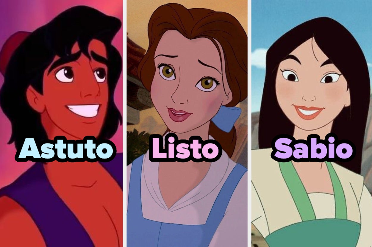 Imagen de los personajes animados Aladino, Bella y Mulan con palabras que dicen "Astuto", "Listo", "Sabio"