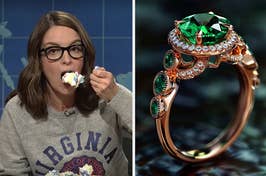 Woman eating cake; intricate engagement ring with central green stone and orange band embellishments