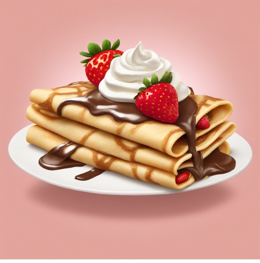 Illustration of crepes with whipped cream, strawberries, and chocolate drizzle on a plate