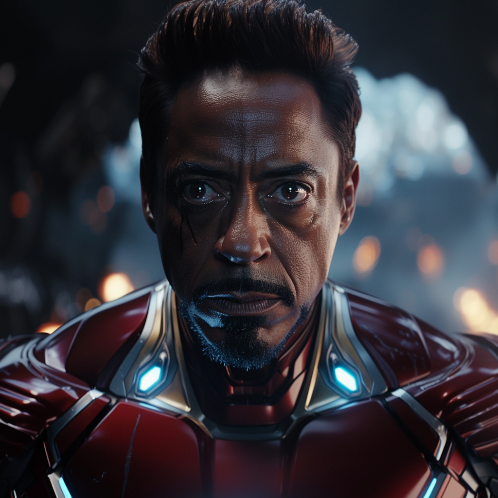 Black Tony Stark/Iron Man in his suit, helmet off, showing a focused expression