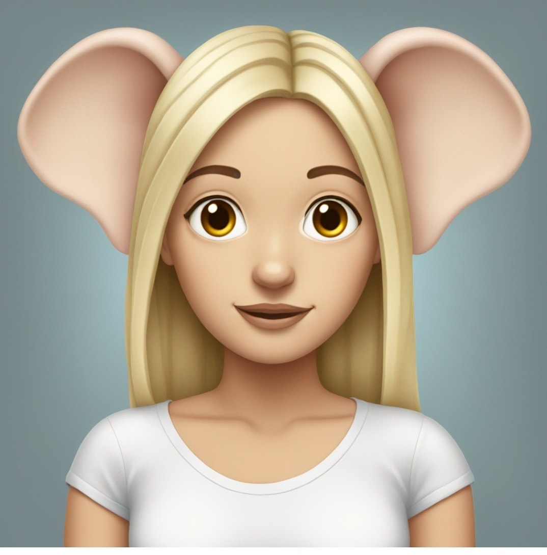 A digital avatar with large ears and blonde hair styled straight