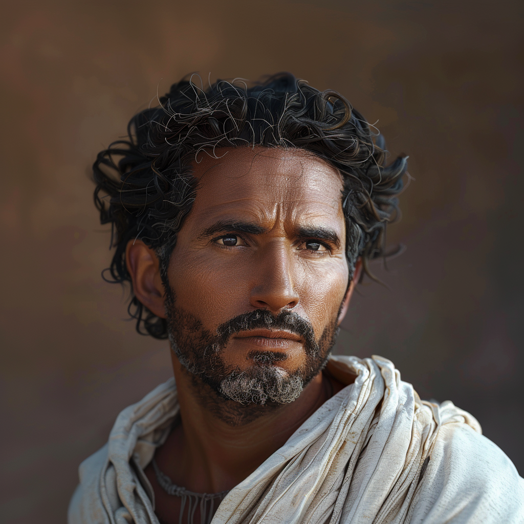 Close-up of a CGI male character with curly hair and a serious expression, wearing a draped garment