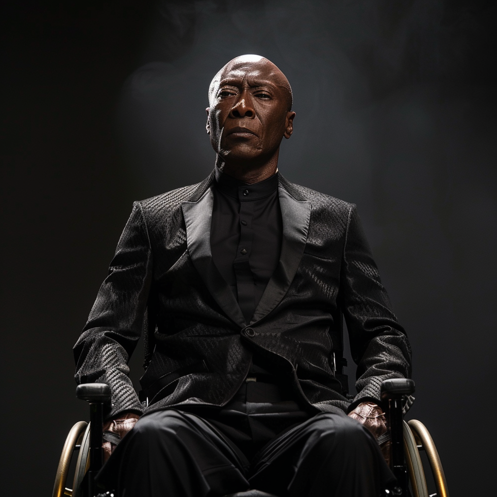 Black Charles Xavier in a suit seated in a wheelchair, with a stern expression and hands clasped