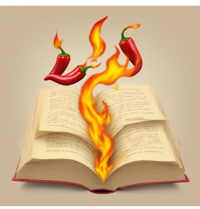 An open book with illustrated flames and chili peppers rising from its pages, symbolizing spicy content