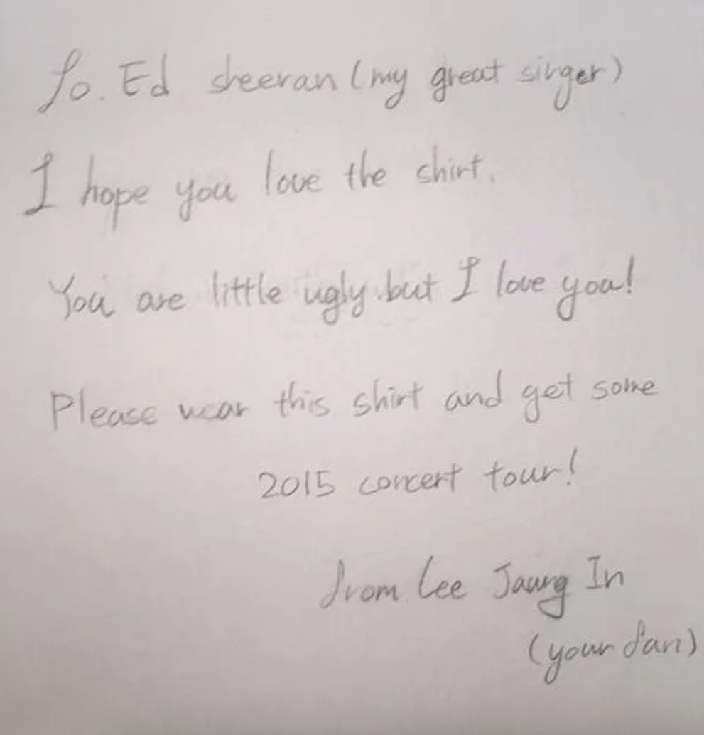 Handwritten note to Ed Sheeran from a fan