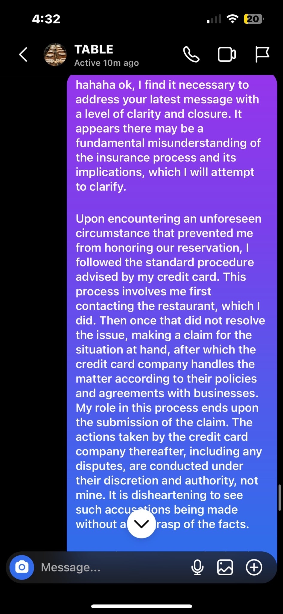 trevor responding to jen that he submitted the claim and what the credit card company did thereafter was out of his hands