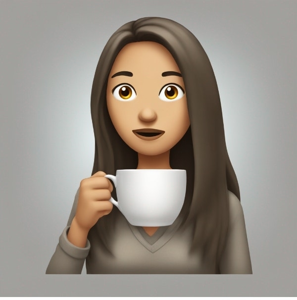 Woman emoji holding a coffee cup, with a slight smile and raised eyebrows