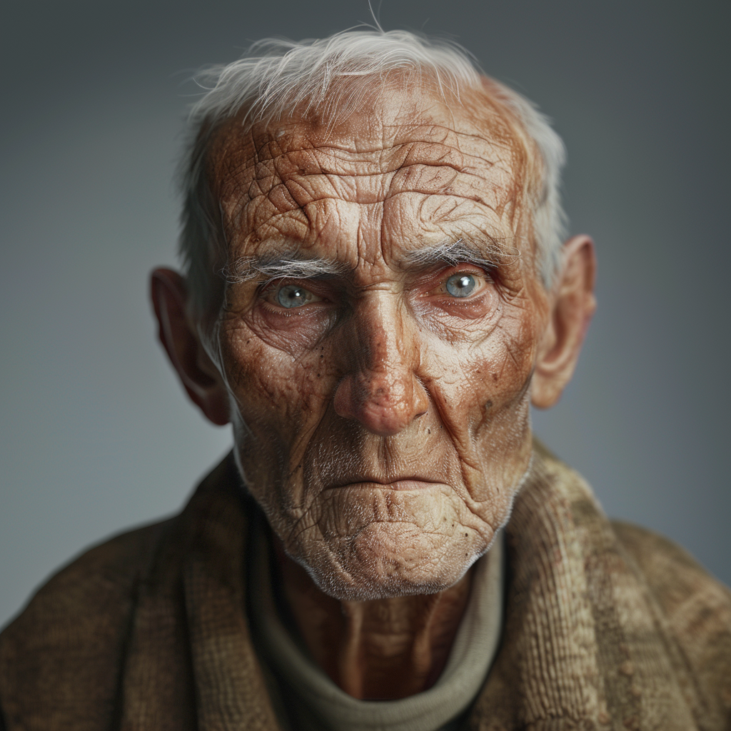 Portrait of an elderly man with intense gaze and deeply lined face, wearing a textured sweater