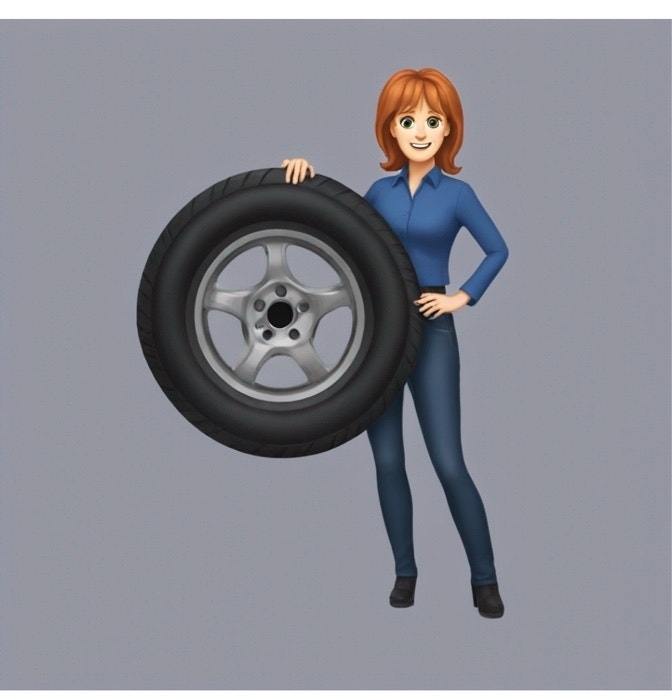 Animated character holding a car tire, dressed in a blue jumpsuit, smiling