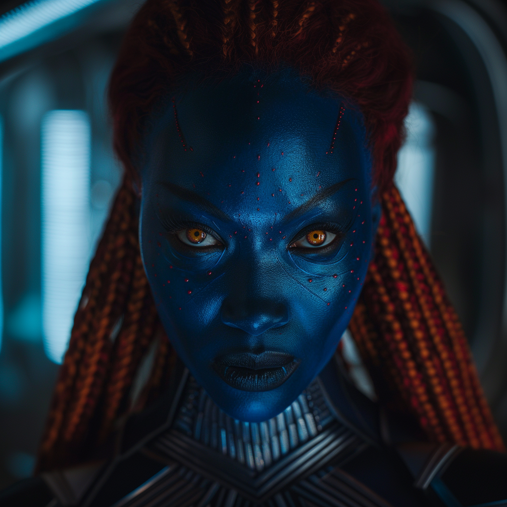 Close-up of a person dressed as the character Black Mystique from X-Men, with blue skin, red hair, and scale-like texture on the face