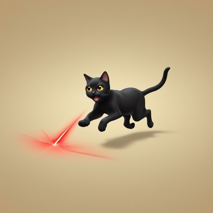 Black cartoon cat chasing a red laser point on a plain background