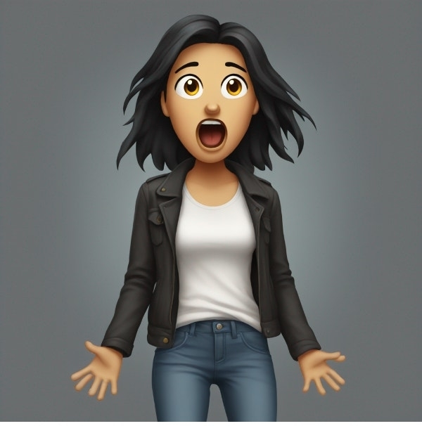 3D emoji character with an open-mouthed expression and hands up, wearing a jacket and jeans