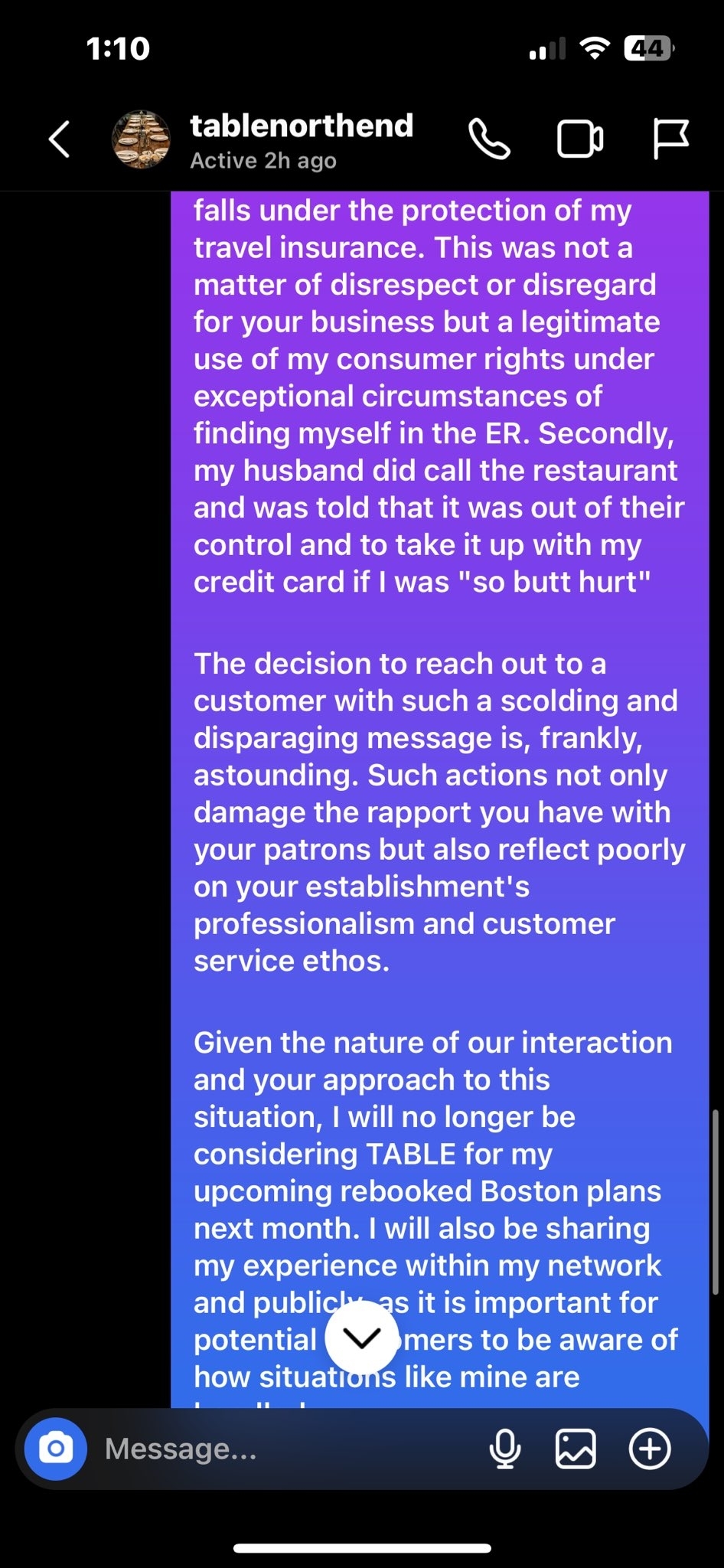 A message from Trevor to Jen detailing that his husband had called the restaurant and expressing shock at the tone of Jen&#x27;s &quot;scolding and disparaging&quot; response