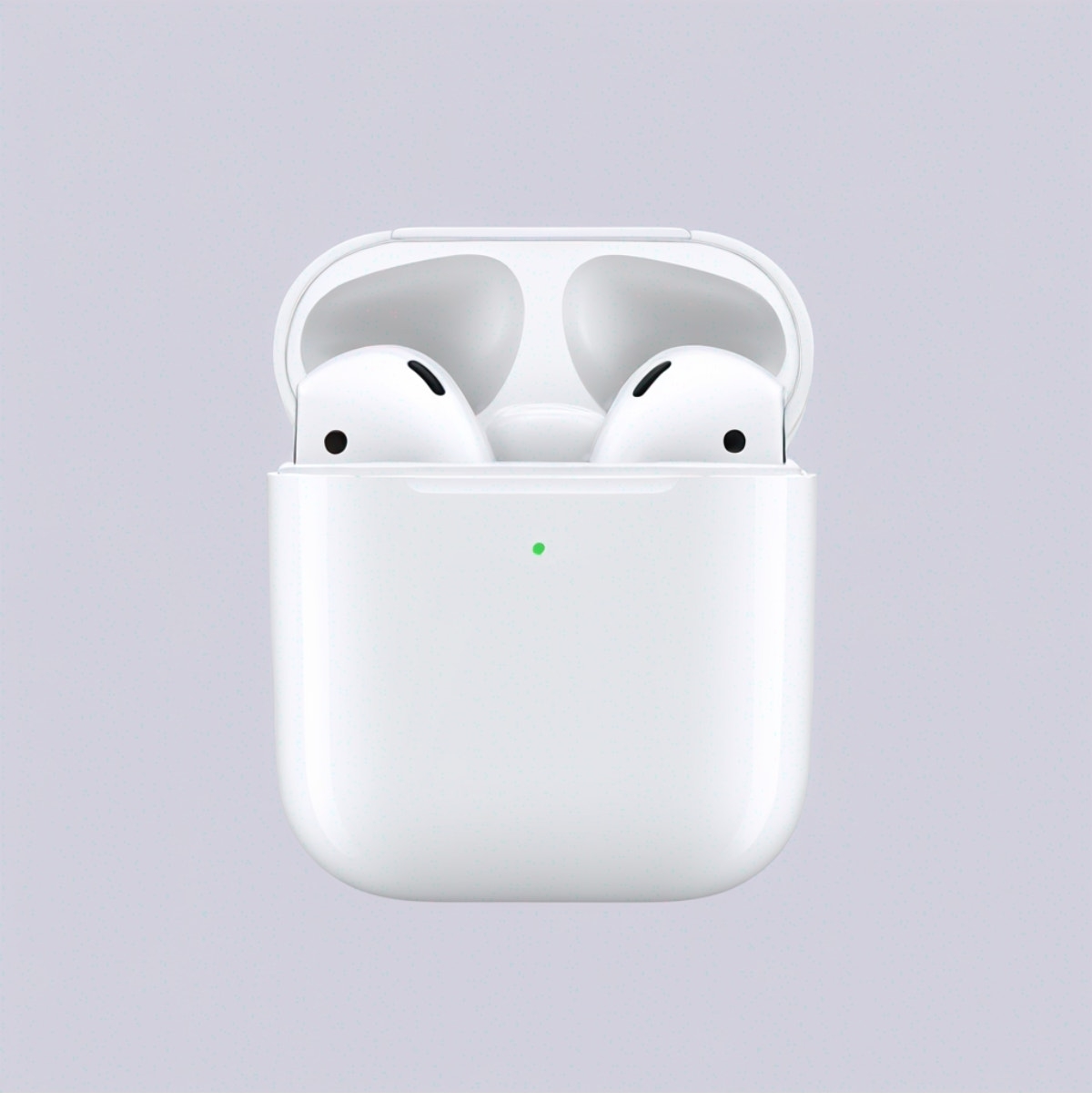 Open case with wireless earbuds against a plain background, trendy accessory