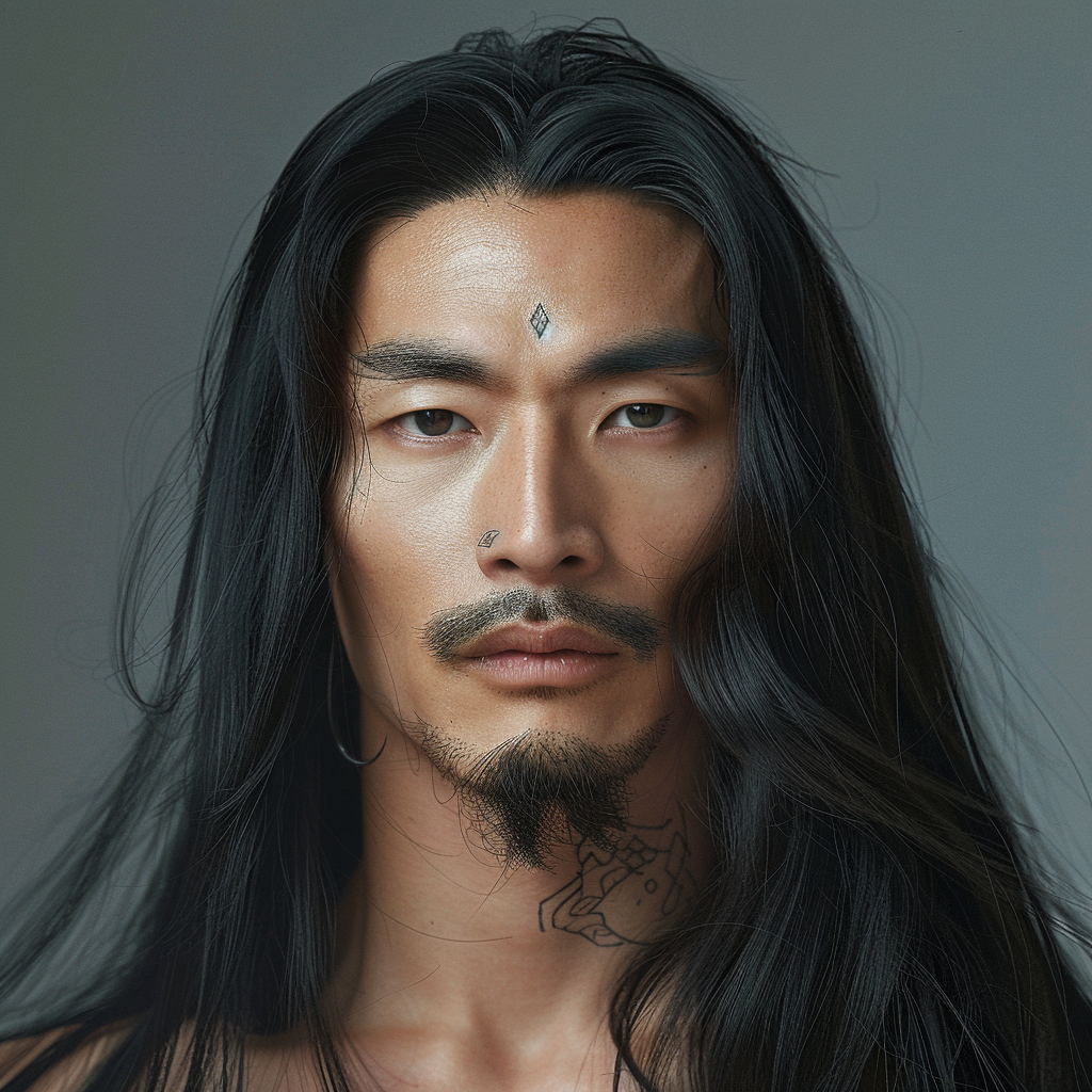 Man with long hair and a facial jewel poses intently