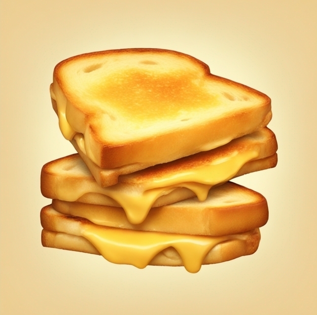 A grilled cheese sandwich with melted cheese between three slices of bread
