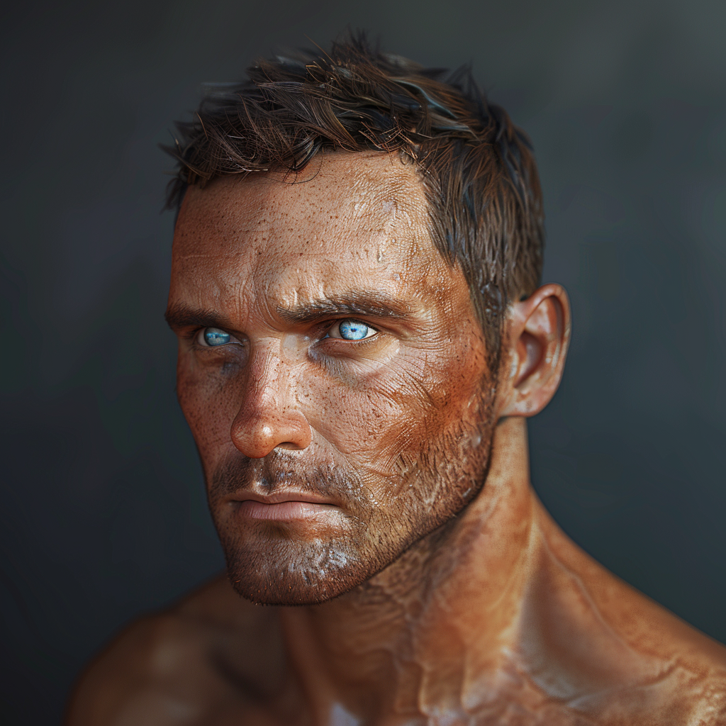 Hyper-realistic digital artwork of an intense male figure with a scruffy beard and sharp gaze