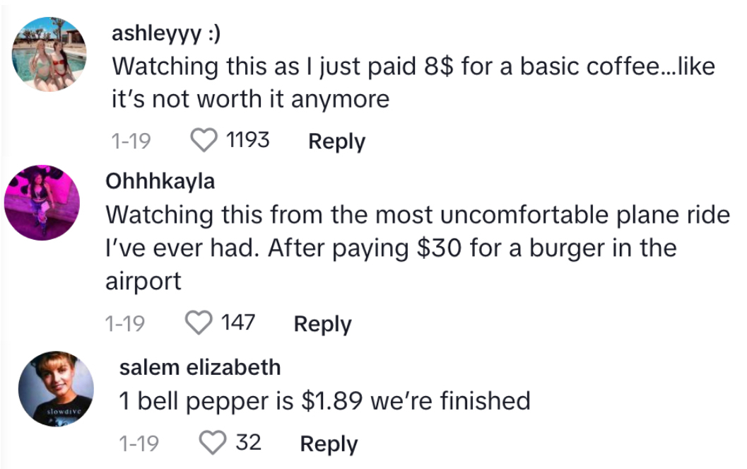 Comments on a post discussing overpriced airport food. Users share high costs for coffee and burgers